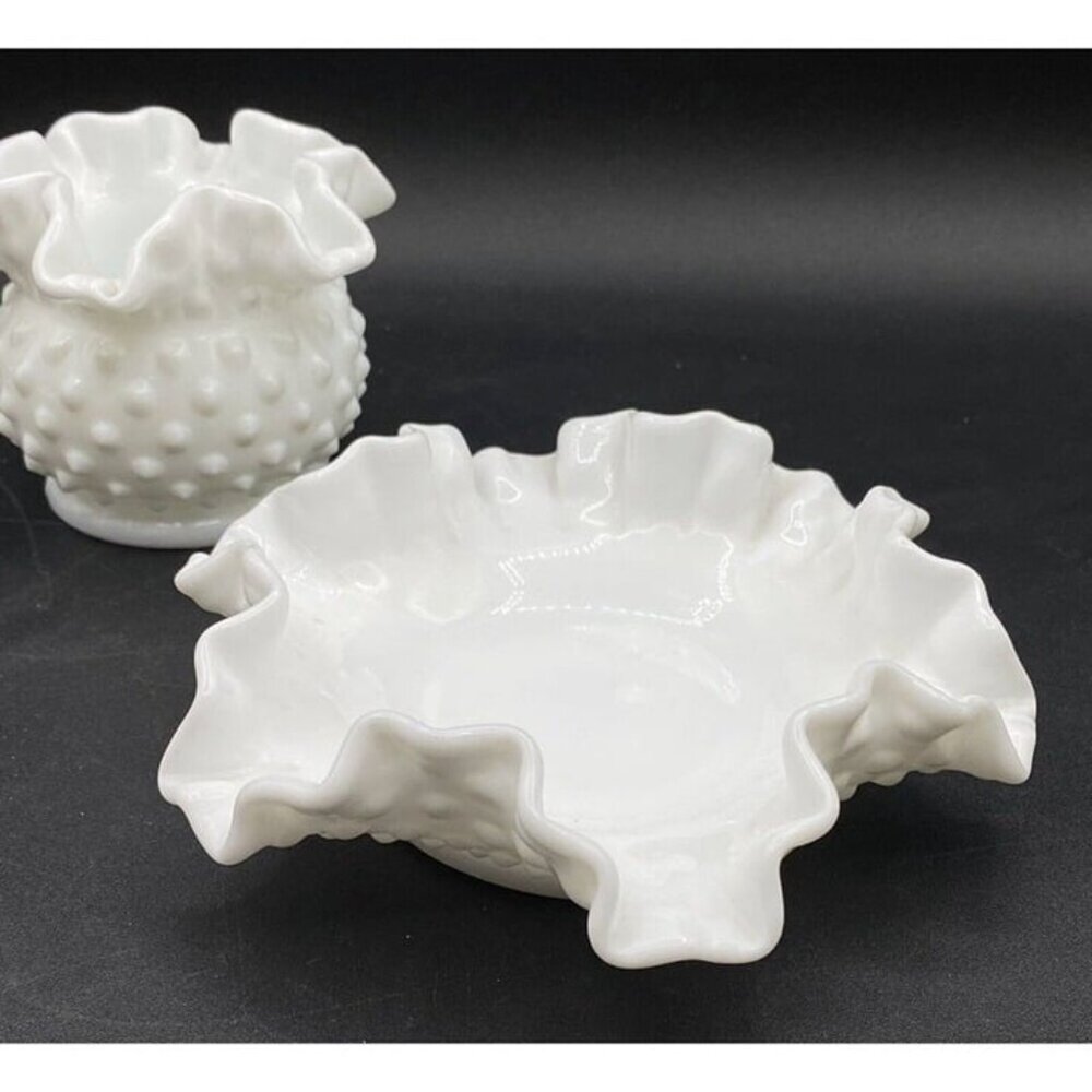 Fenton Milk Glass Hobnail Candy Bon Bon Dish Ruffled Bowl Vase Set Of 2 - Picture 7 of 12